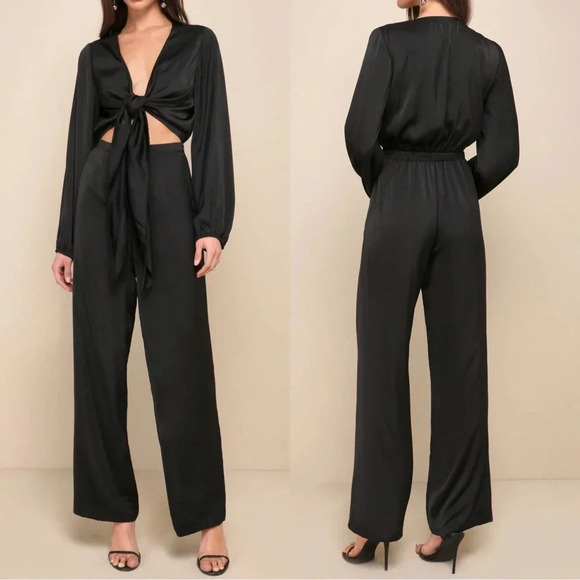 NWOT Lulus Trendsetting Direction Black Satin Tie-Front Wide-Leg Jumpsuit - Picture 1 of 9